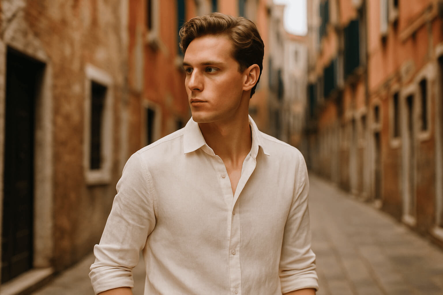 Man in a white shirt standing in a narrow alleyway with warm-toned buildings.1621243260e1af0c20-0